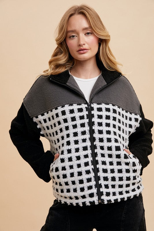 TEEK - Ivory Black Plaid Zip Up Drop Shoulder Sherpa Jacket JACKET TEEK Trend
