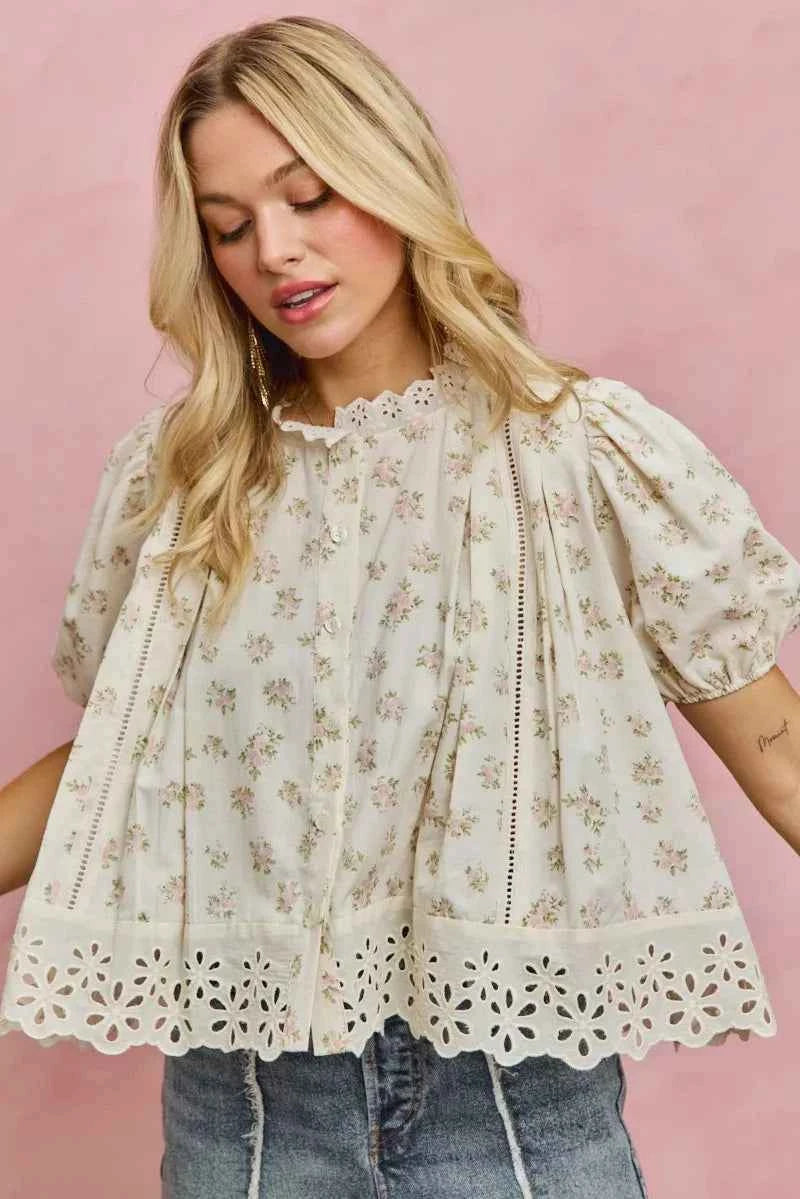 TEEK - Floral Print Lace Trim Short Sleeves Blouse TOPS TEEK Trend