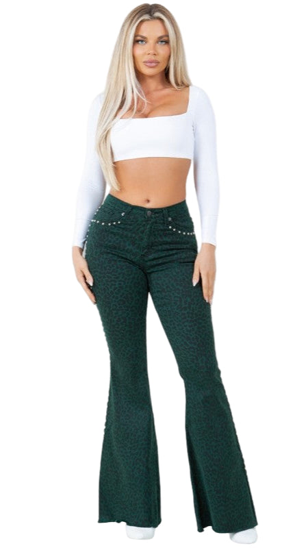 TEEK - Green Leopard Studded Bell Bottom Jeans JEANS TEEK FG