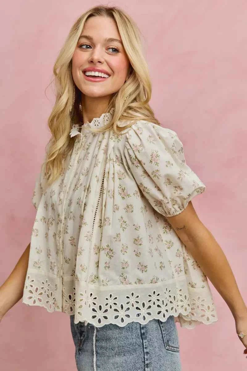 TEEK - Floral Print Lace Trim Short Sleeves Blouse TOPS TEEK Trend