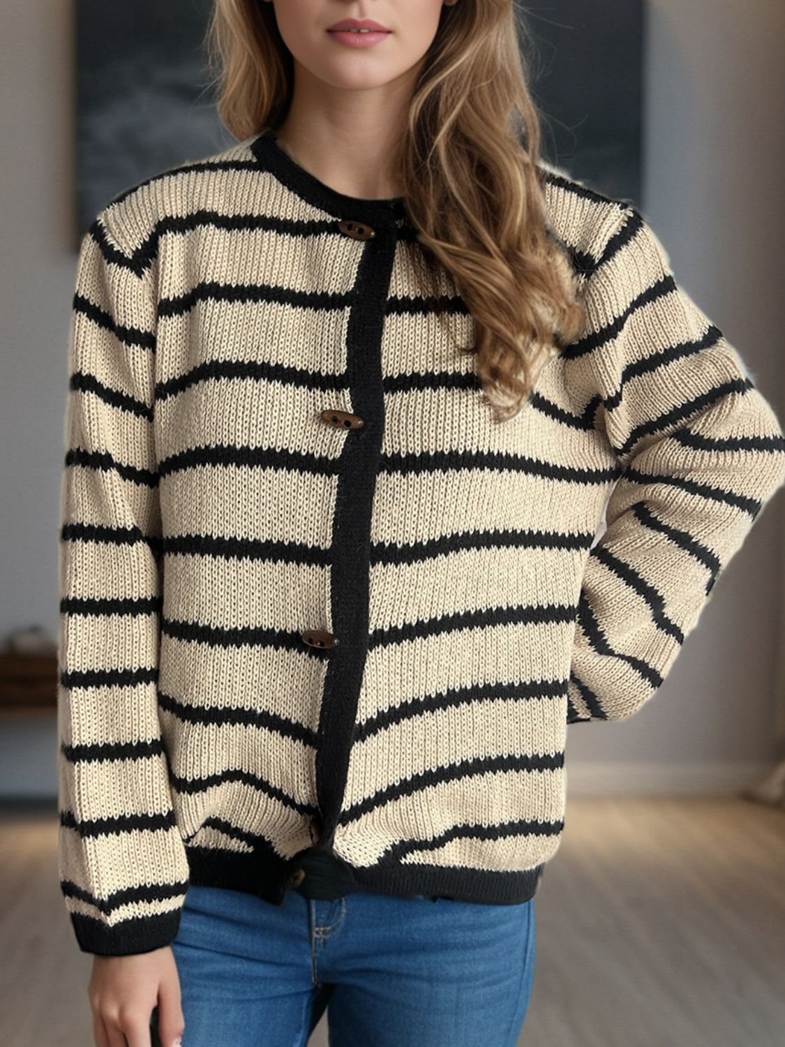 TEEK - Striped Round Neck Long Sleeve Cardigan TEEK Trend