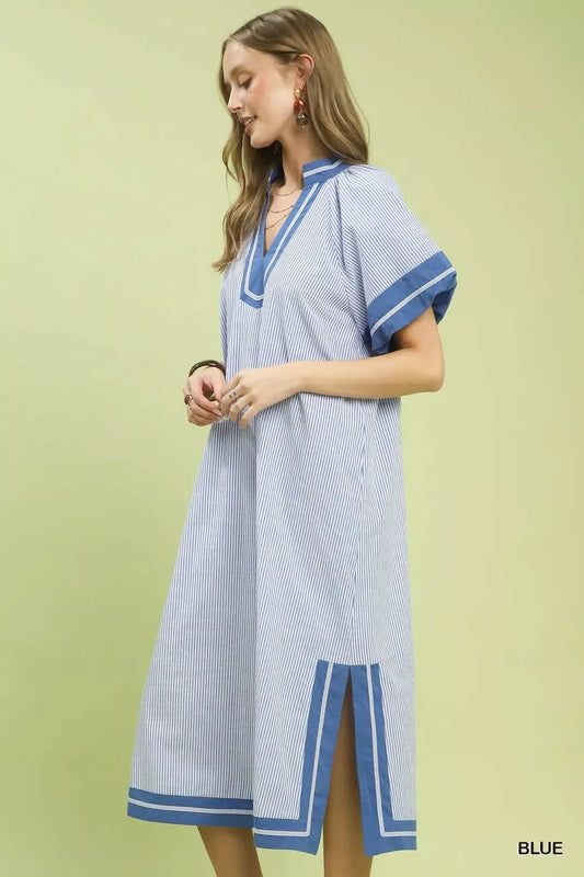 Umgee Pinstripe Contrast Trim Midi Dress Trendsi