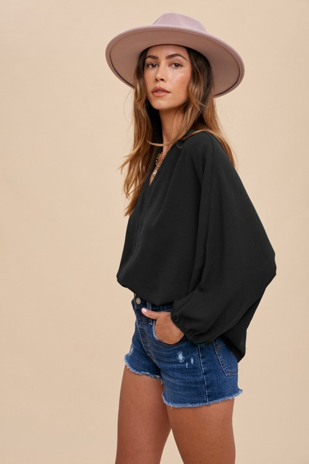 TEEK - Black Notched Batwing Sleeve Blouse TOPS TEEK Trend