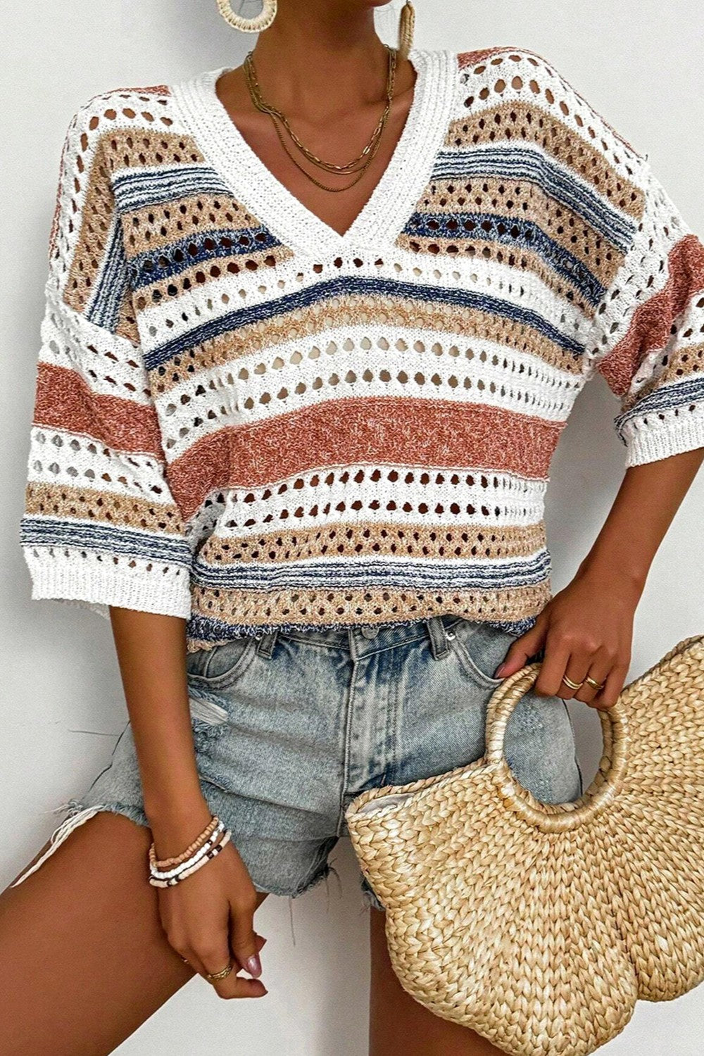 TEEK - White Openwork V-Neck Half Sleeve Striped Knit Top SWEATER TEEK Trend   