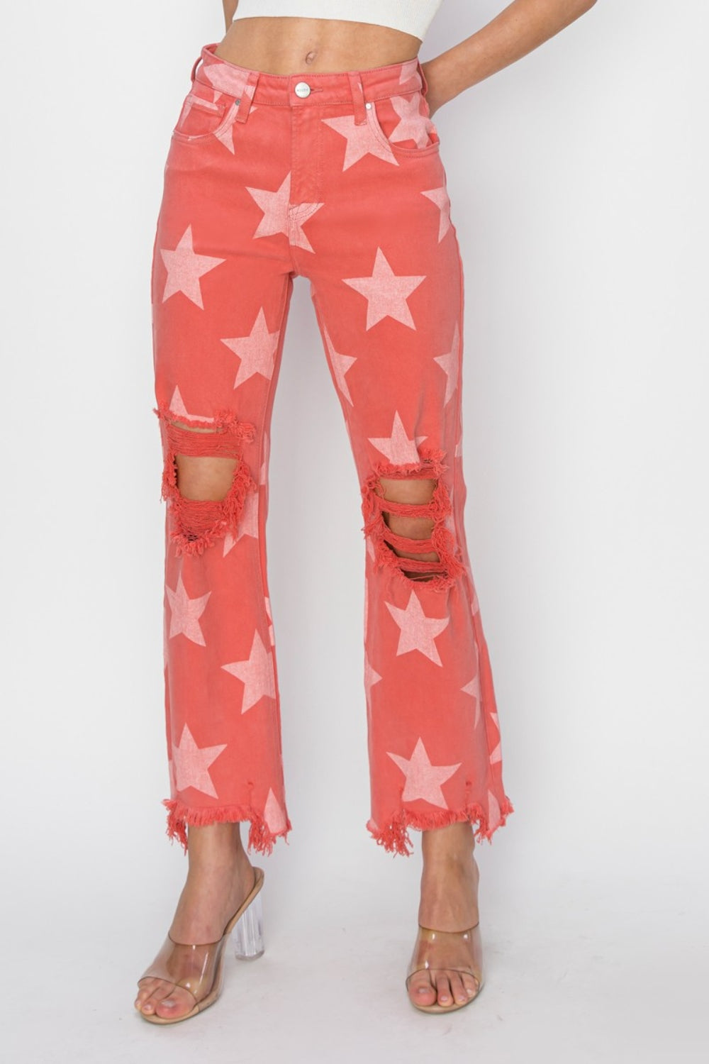 TEEK - Peach Blossom Distressed Raw Hem Star Pattern Jeans JEANS TEEK Trend 0  