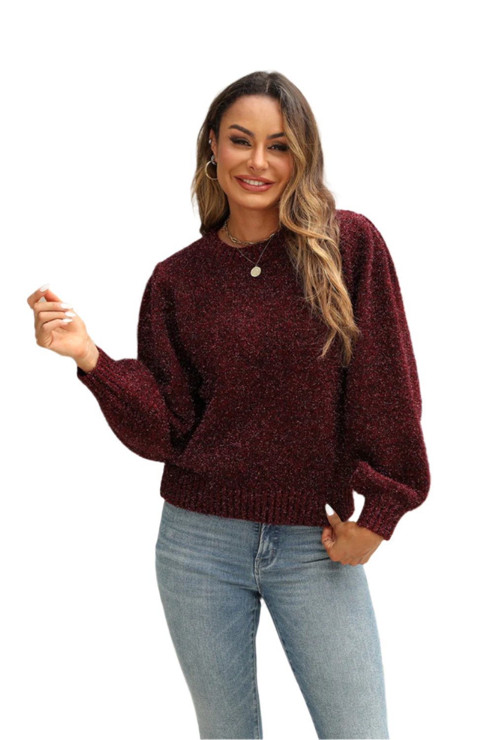 Tied Heathered Round Neck Long Sleeve Sweater TEEK Trend