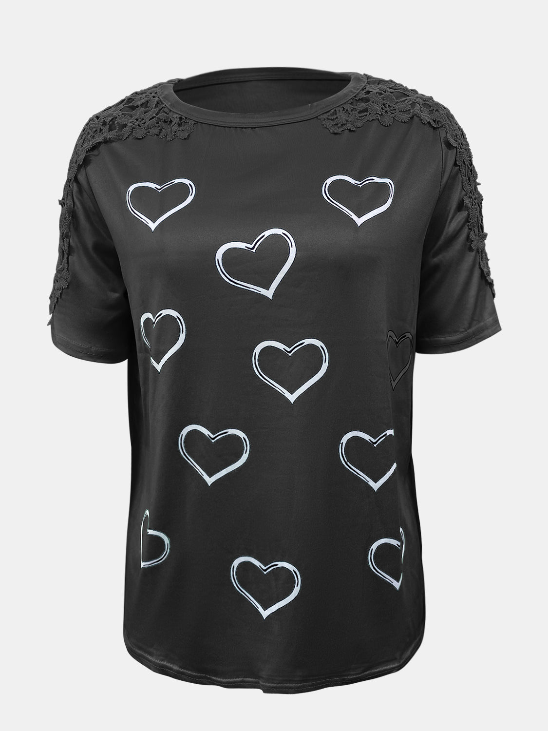 TEEK - Lace Detail Heart Round Neck Short Sleeve Top TOPS TEEK Trend   