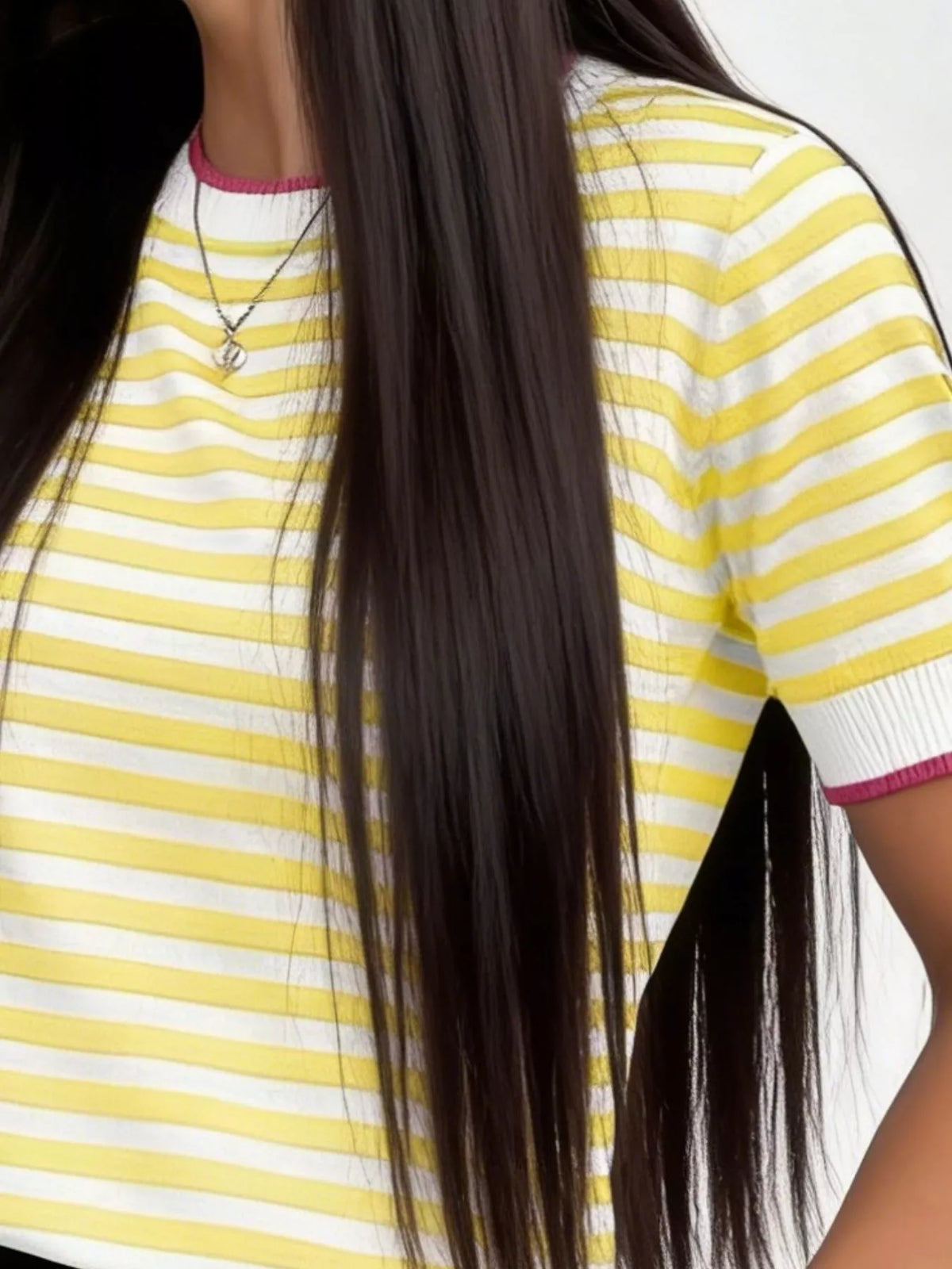Contrast Trim Striped Short Sleeve Knit Top Trendsi