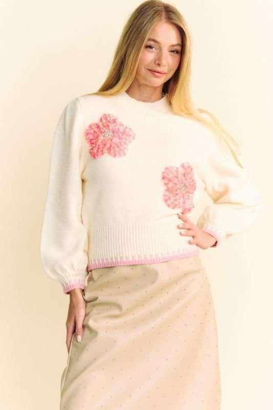 TEEK - Ivory Flower Patch Fuzzy Mock Neck Sweater TOPS TEEK Trend