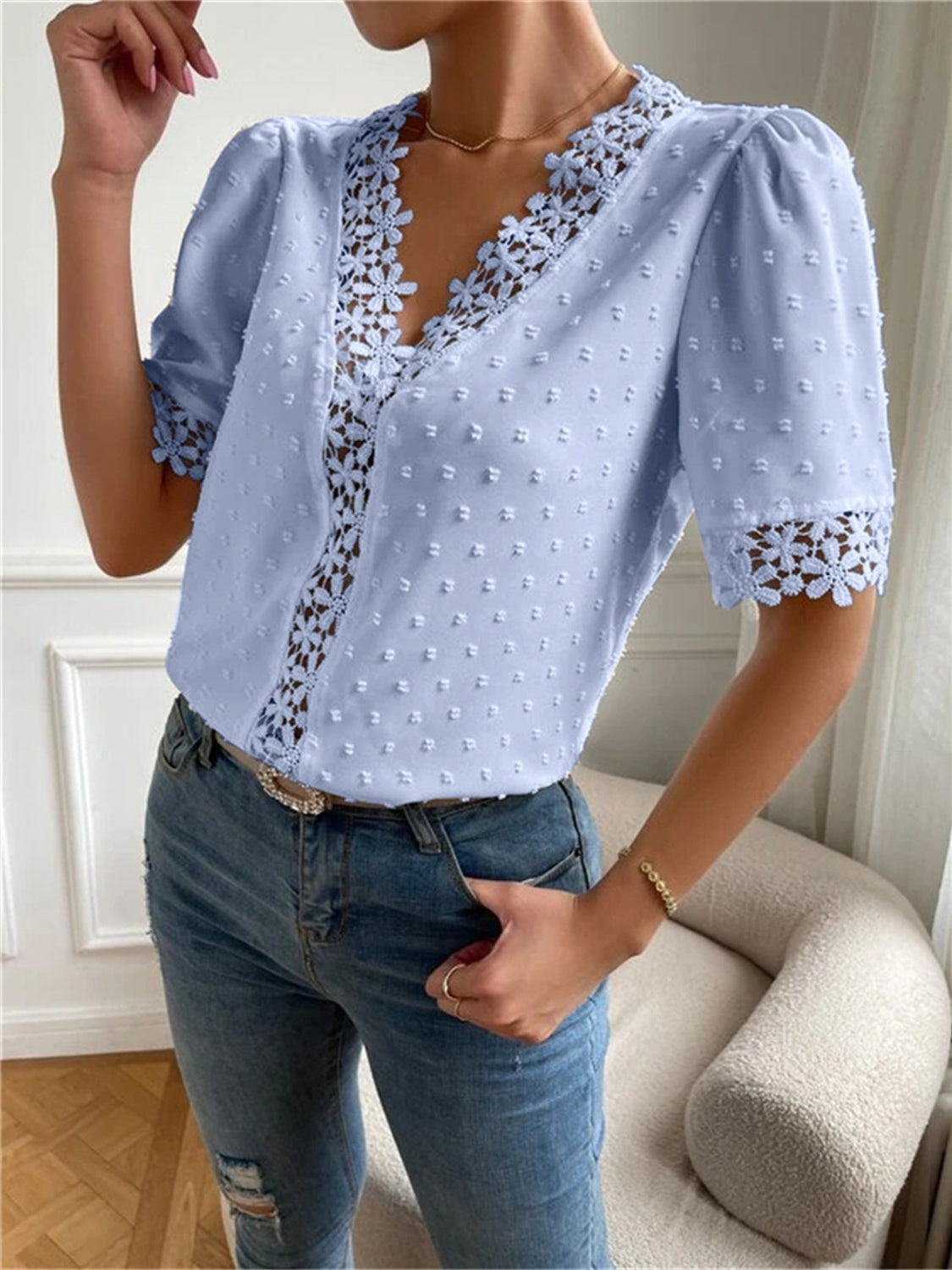 TEEK - Swiss Dot V-Neck Short Sleeve Blouse TOPS TEEK Trend Misty  Blue S 