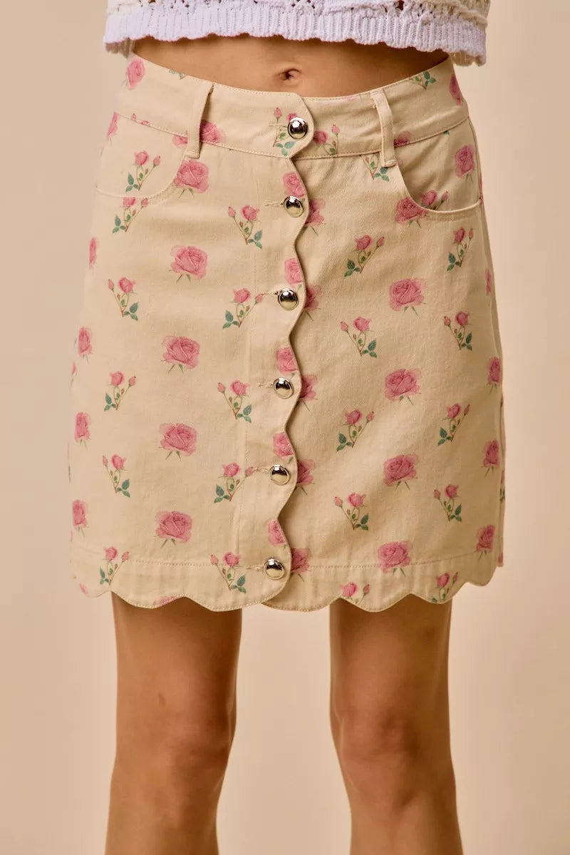 TEEK - Floral Rose Print Cotton Twill Scallop Mini Skirt SKIRT TEEK Trend