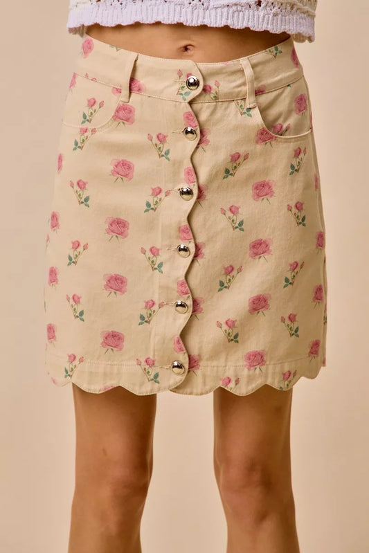 TEEK - Floral Rose Print Cotton Twill Scallop Mini Skirt SKIRT TEEK Trend
