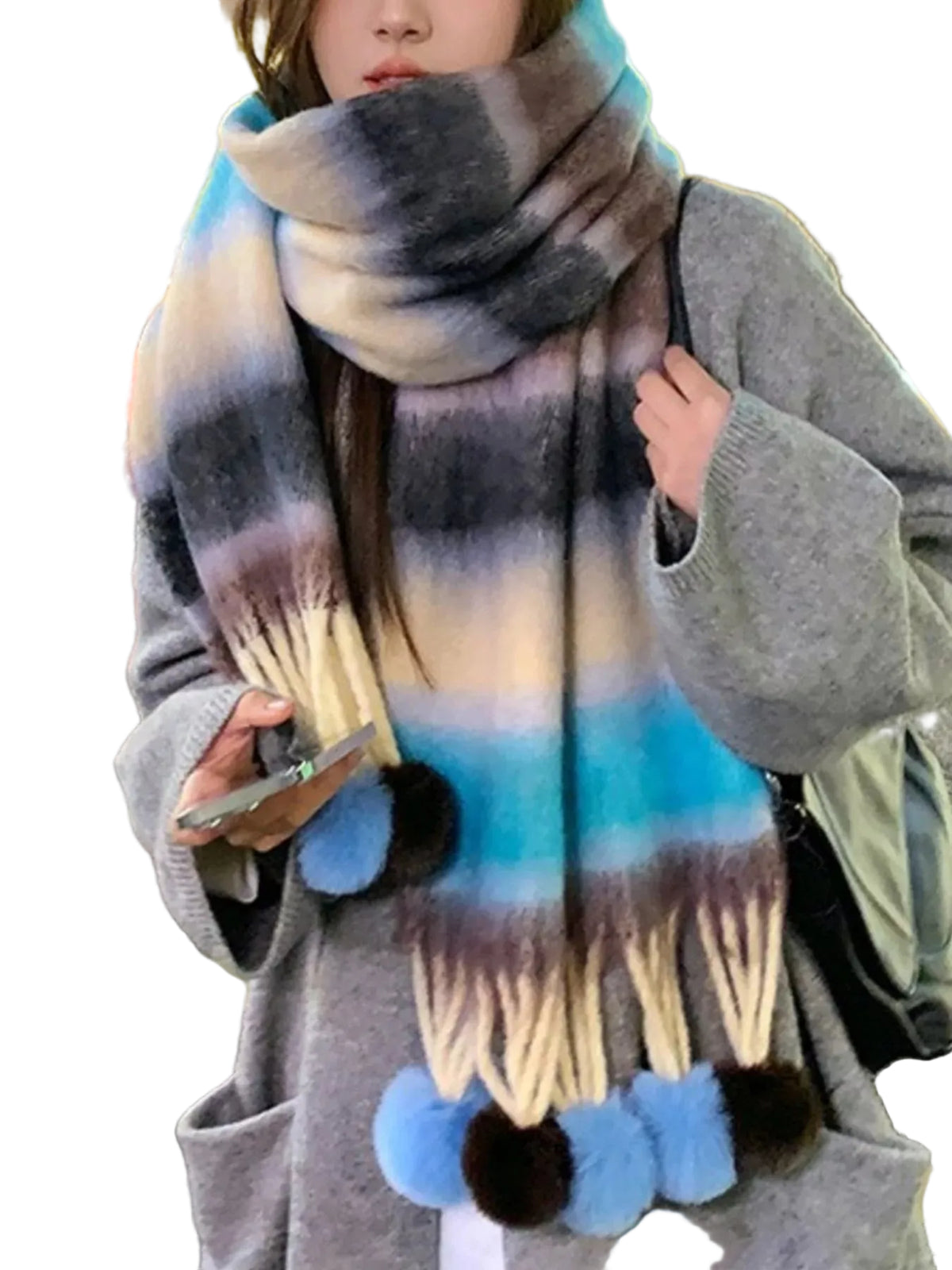 Striped Scarf with Pom-Poms Trendsi