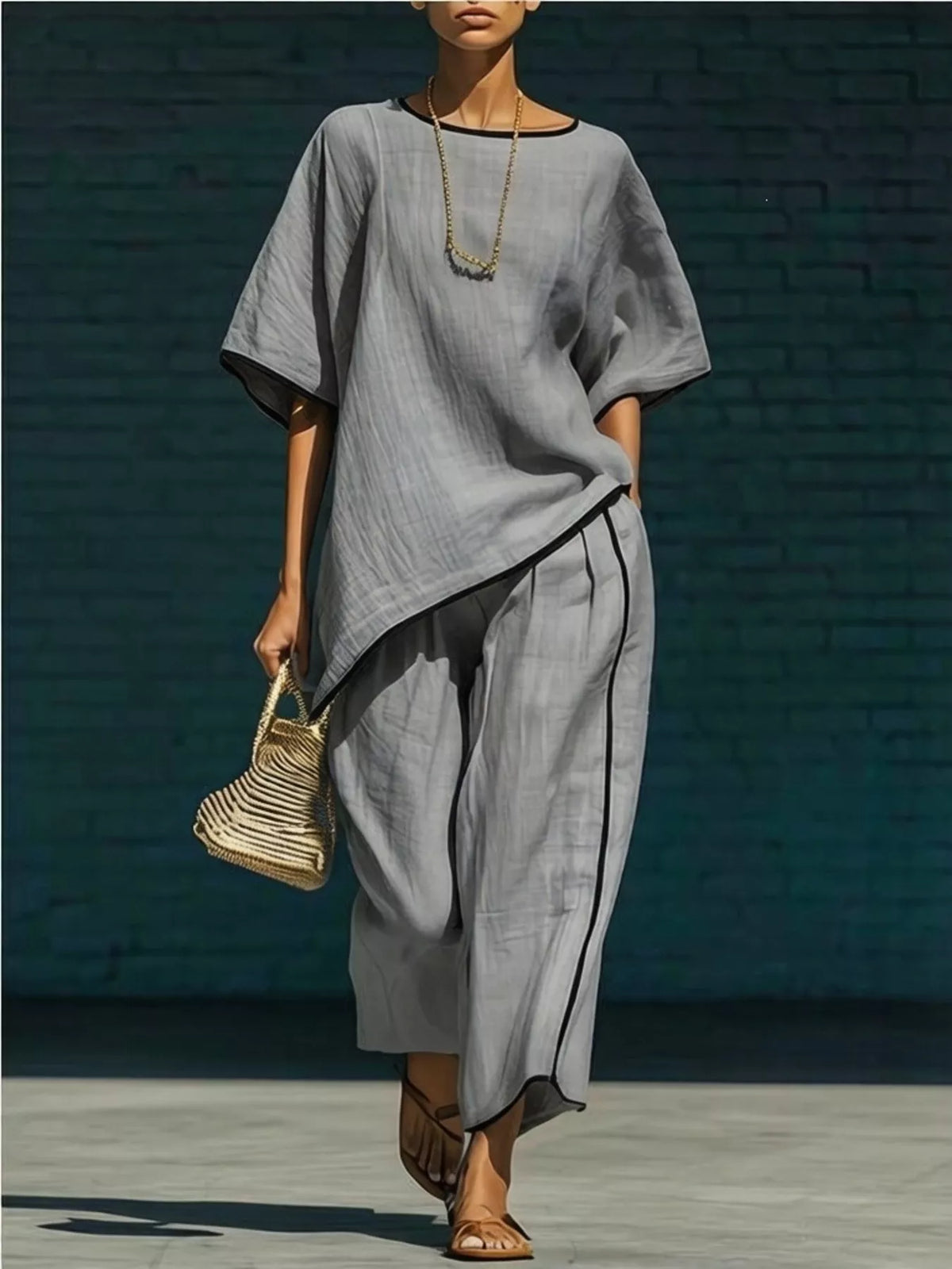 Full Size Contrast Trim Half Sleeve Top and Pants Set Plus Size Trendsi Gray S