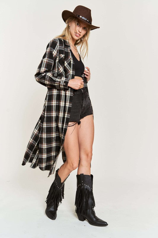 TEEK - PLUS SIZE  PLAID PRINT COLLAR LONG SHIRT DRESS DRESS TEEK FG   