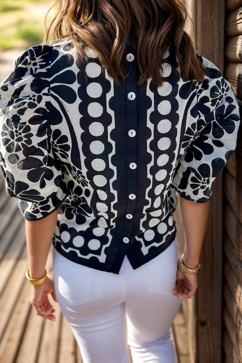 TEEK - Black Printed Back Button Half Sleeve Blouse TOPS TEEK Trend   