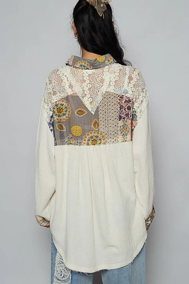 TEEK - Ivory Lace Patchwork Floral Trim Long Sleeve Shirt TOPS TEEK Trend