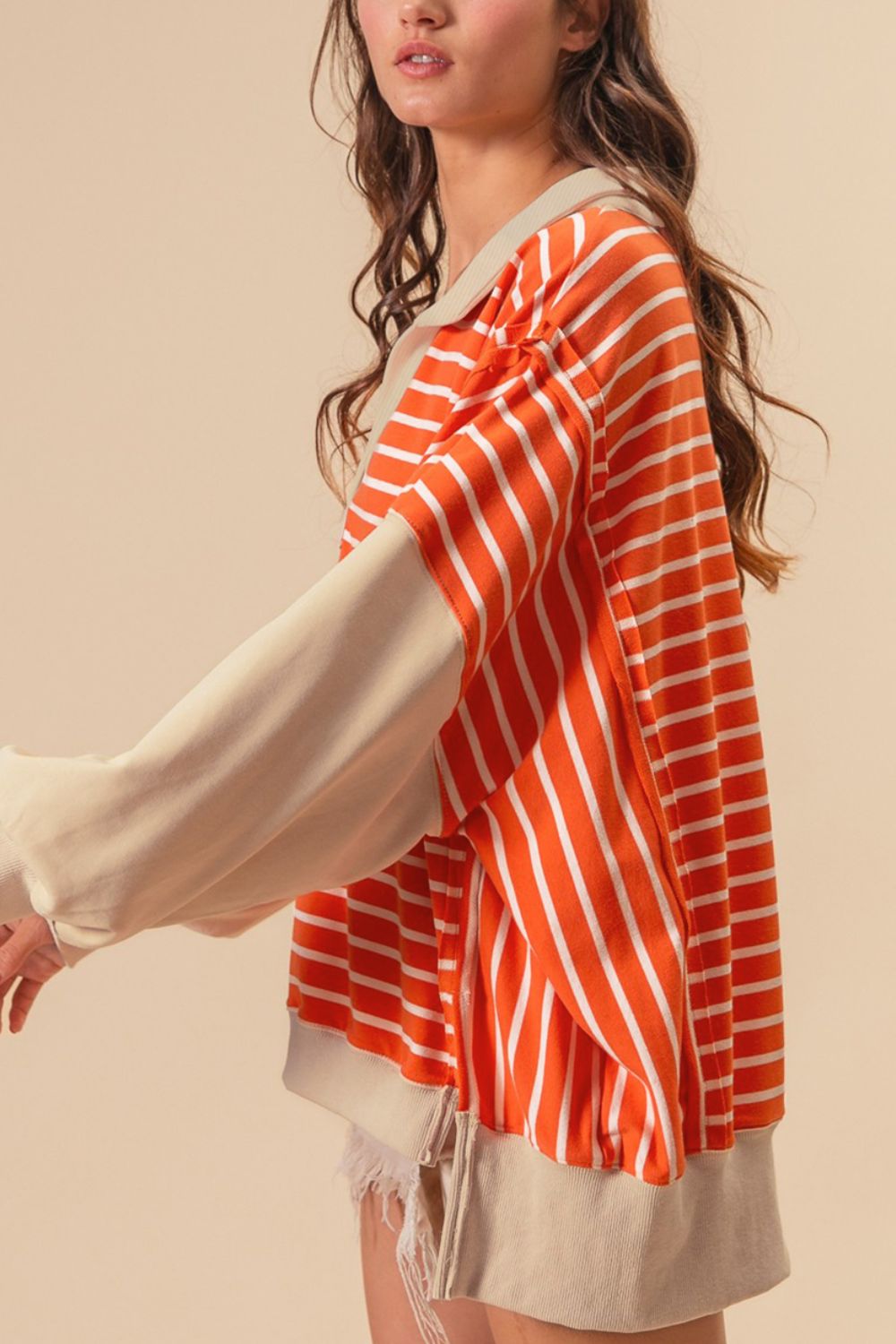 TEEK - Tangerine Striped Johnny Collar Long Sleeve Sweatshirt TOPS TEEK Trend