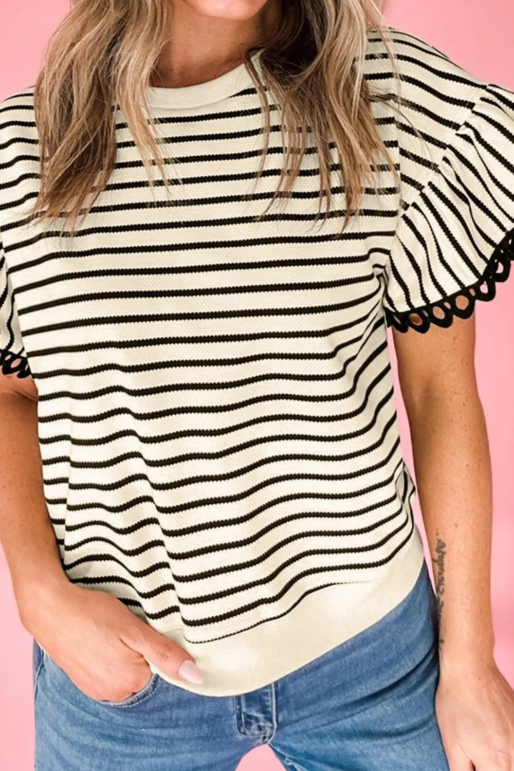 TEEK - Striped Round Neck Ruffle Sleeve Blouse JEANS TEEK Trend