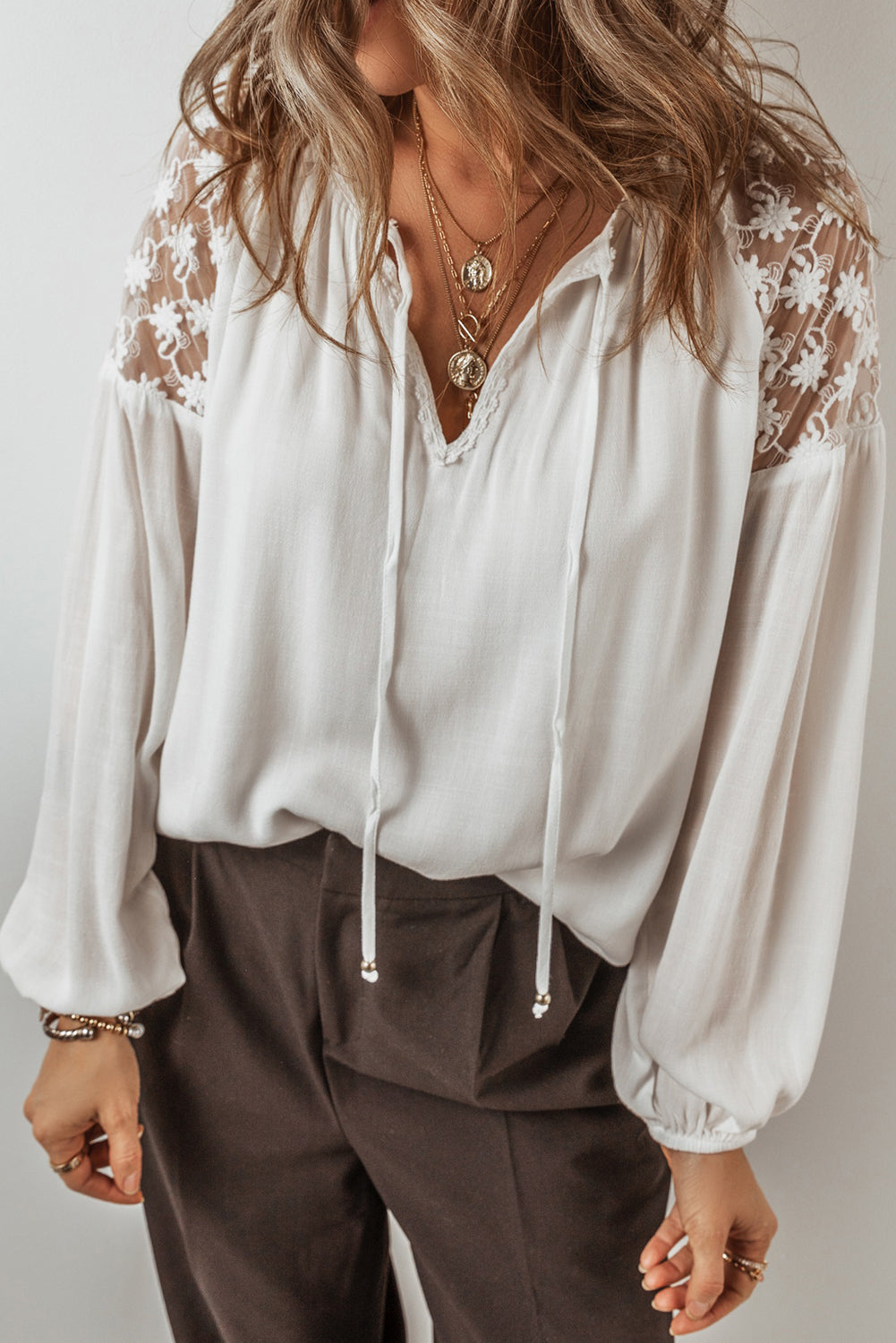 Lace Detail Tie Neck Long Sleeve Blouse TEEK Trend