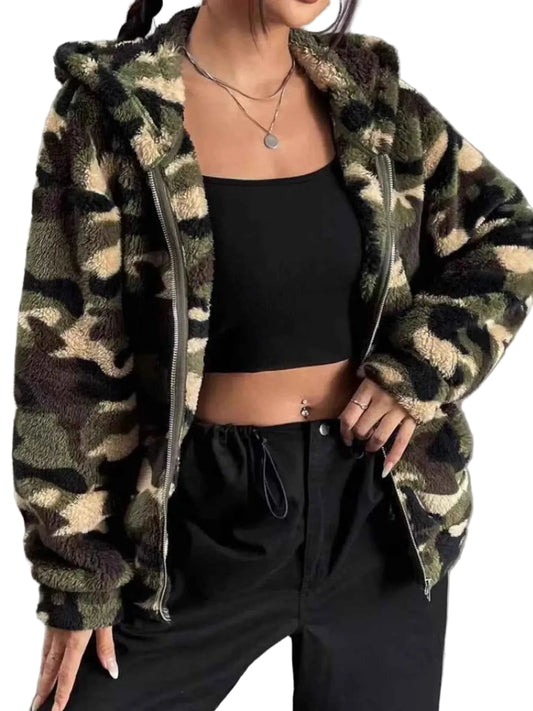 Camo Print Fuzzy Zip Up Outerwear Trendsi Army Green S