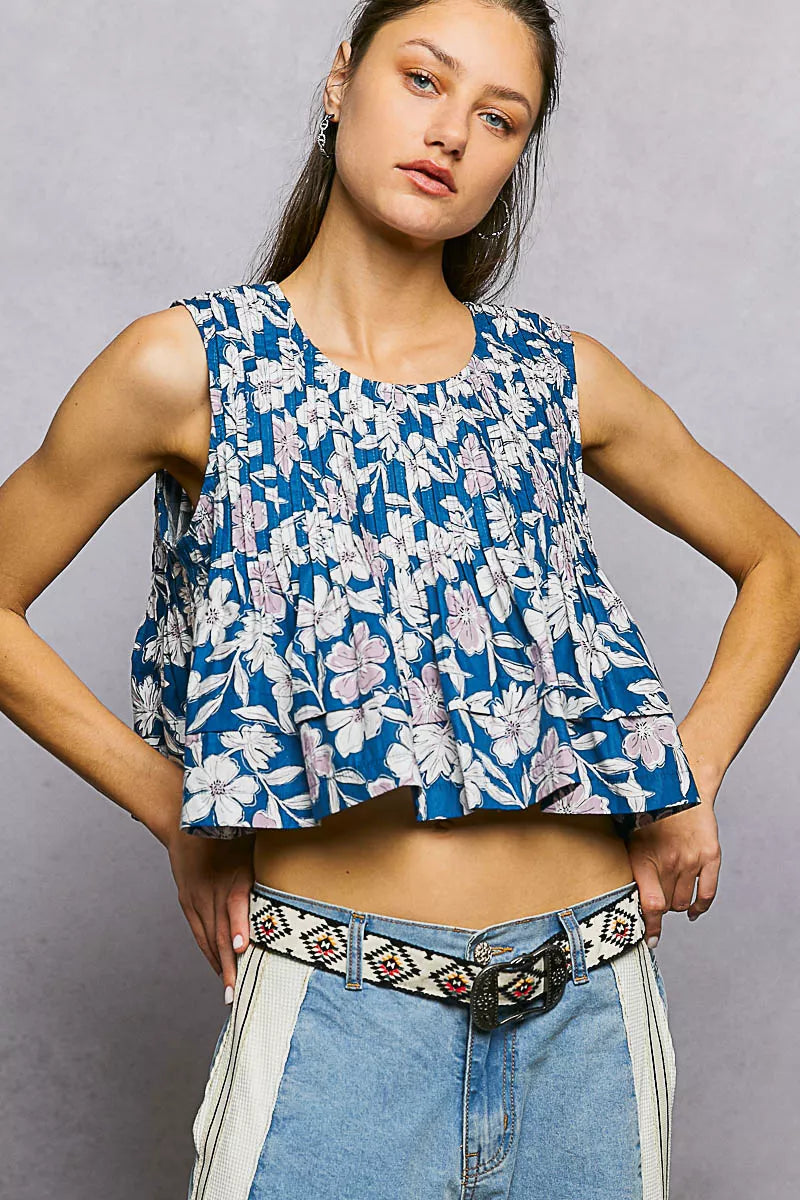 POL Floral Round Neck Cropped Pintuck Tank Trendsi