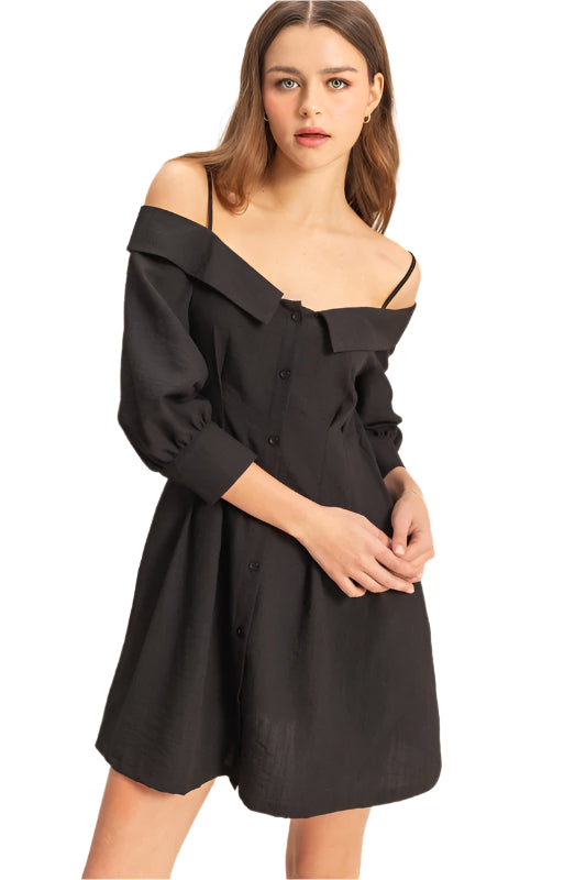 TEEK - Black Button Down Spaghetti Strap Pocketed Mini Dress DRESS TEEK Trend S