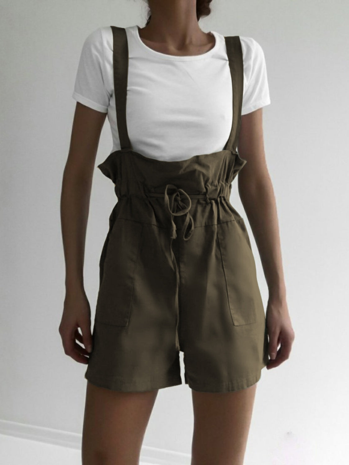 TEEK - Drawstring Pocketed Wide Strap Pocketed Short Overalls OVERALLS TEEK Trend Moss S 