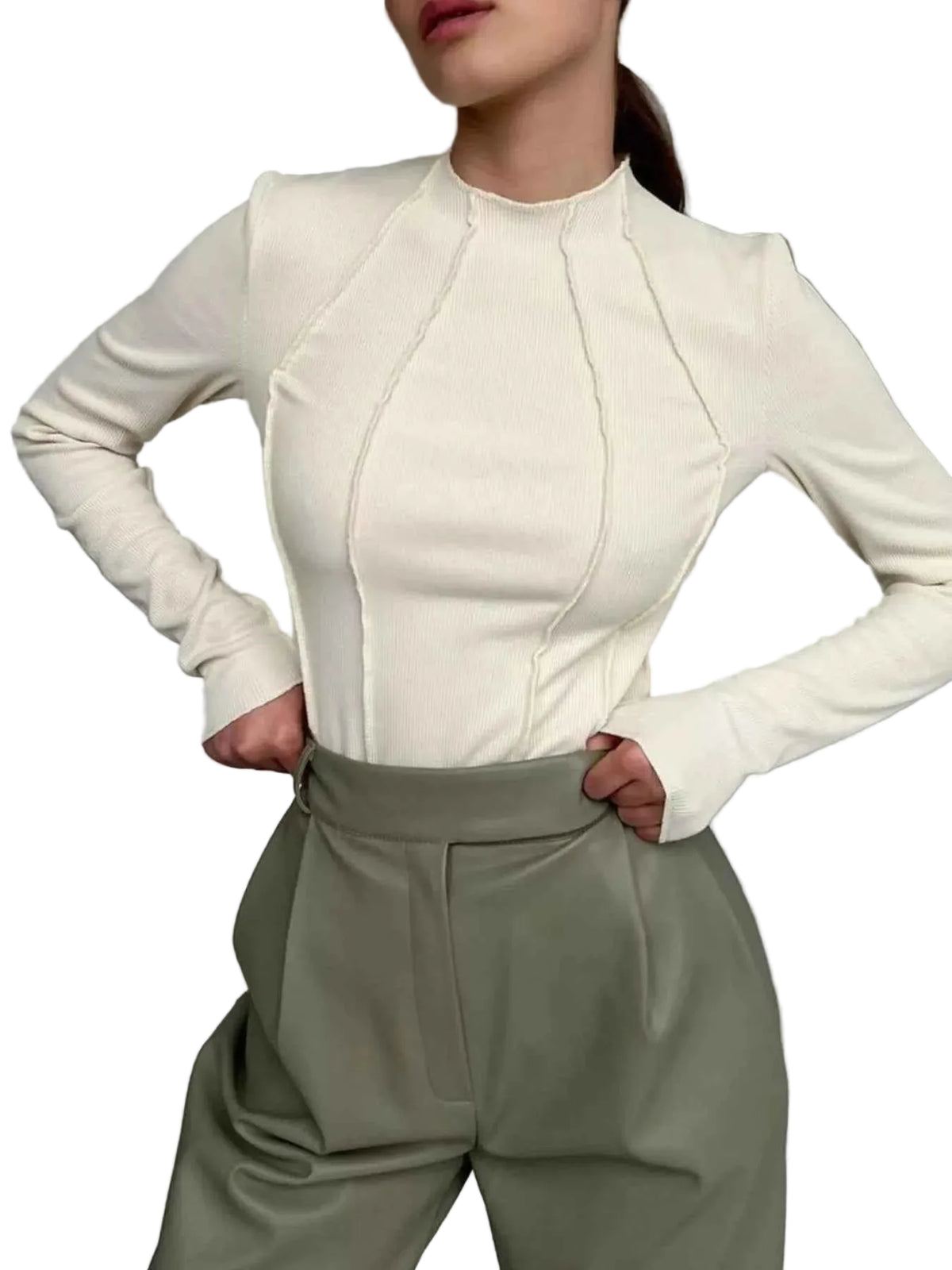 Seam Detail Long Sleeve T-Shirt Trendsi Apricot S