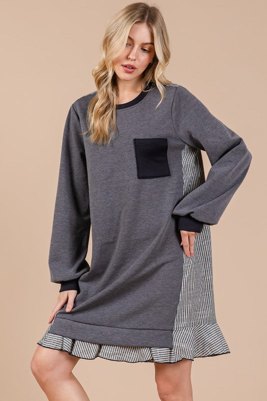 TEEK - Charcoal Striped Patchwork Terry Sweatshirt Dress DRESS TEEK Trend