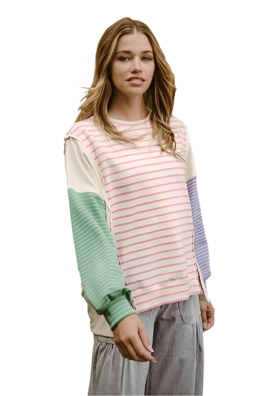TEEK - Pink Exposed Seam Slit Striped Round Neck Shirt TOPS TEEK Trend