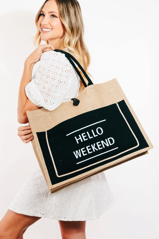 TEEK - Hello Weekend Burlap Tote Bag BAG TEEK Trend Black  