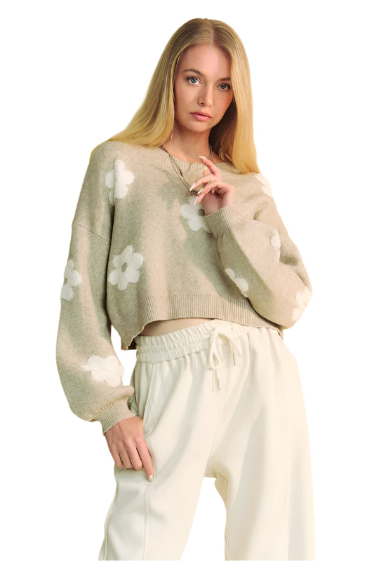 TEEK - Tan Floral Drop Shoulder Cropped Sweater SWEATER TEEK Trend S