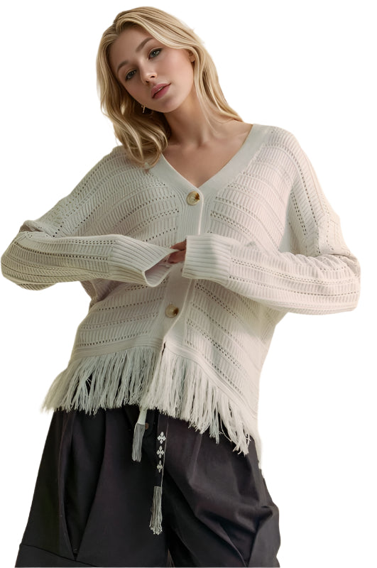 TEEK - Silver Grey Fringe V-Neck Button Up Long Sleeve Cardigan SWEATER TEEK Trend S