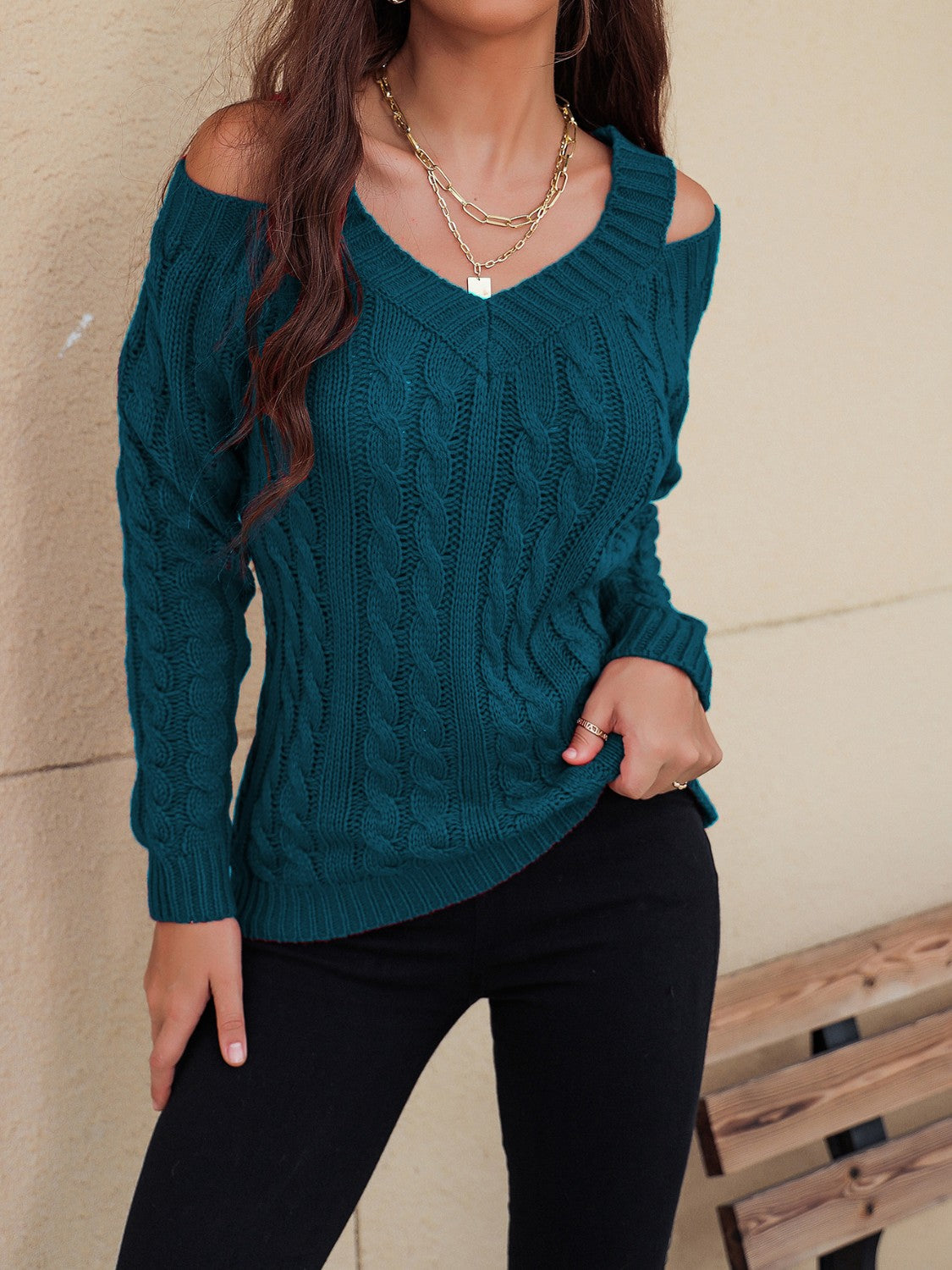 TEEK - Honey Cable-Knit V-Neck Cold Shoulder Sweater TOPS TEEK Trend