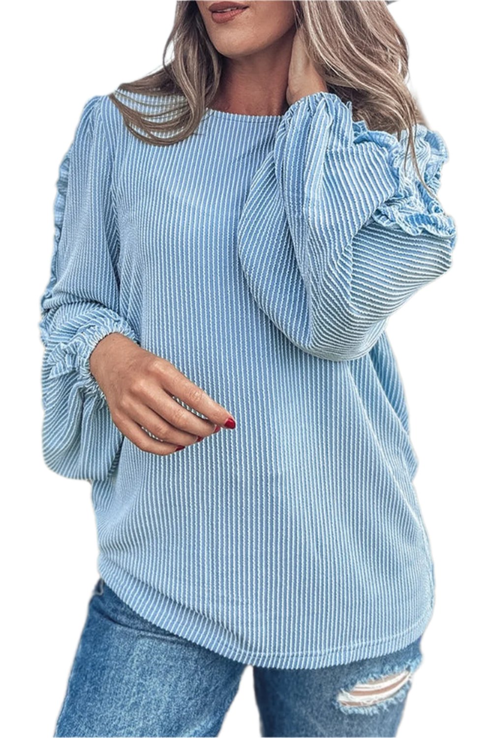 TEEK - Pastel Blue Frill Texture Long Sleeve Sweatshirt TEEK Trend S