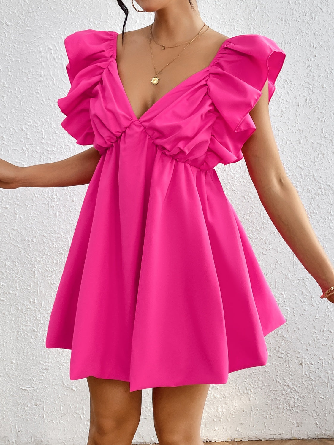 TEEK - Ruffled V-Neck Cap Sleeve Dress DRESS TEEK Trend   