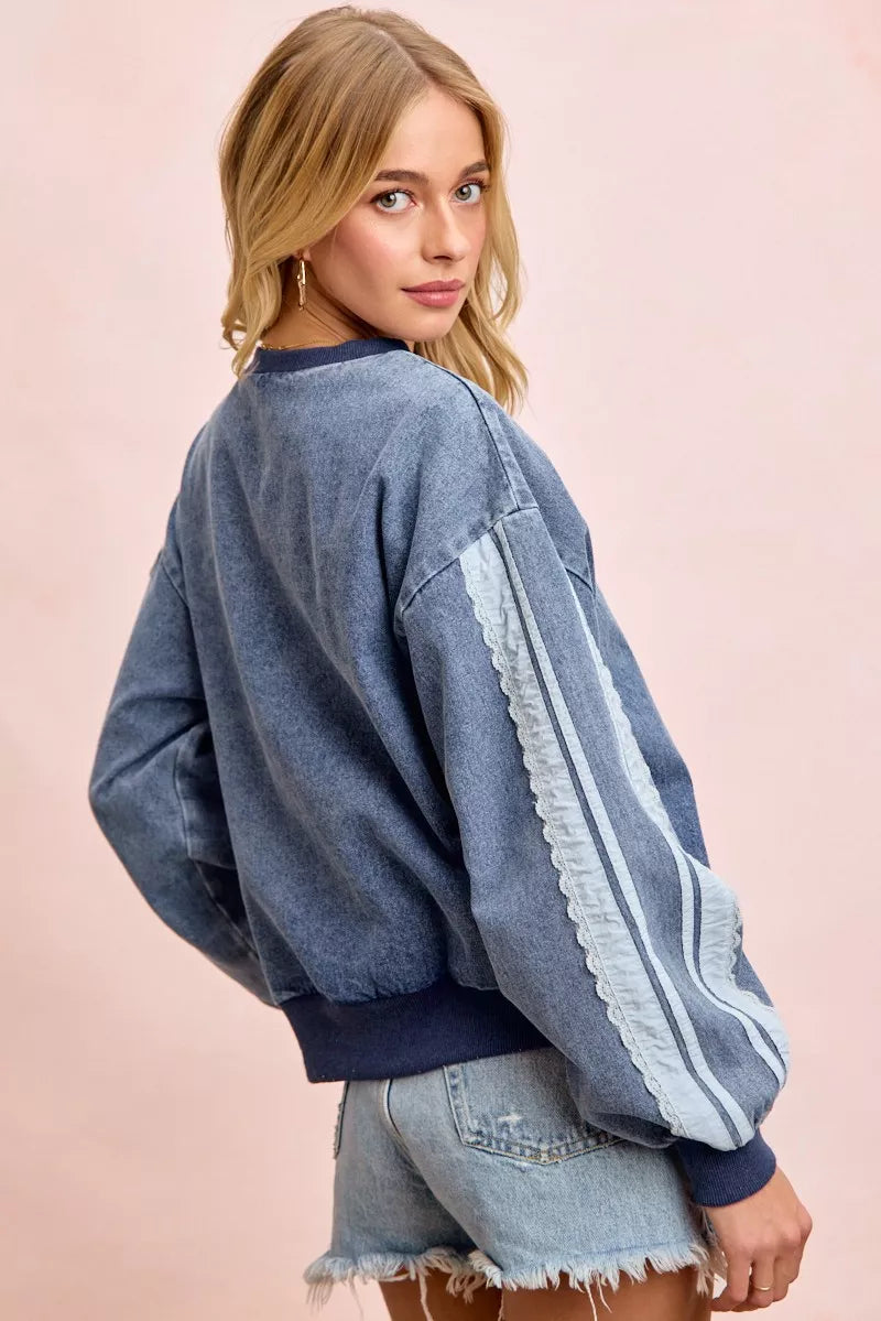BiBi Washed Denim Lace Contrast Sided Sweatshirt Trendsi