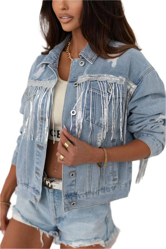 TEEK - Sequin Fringe Trim Distressed Button Up Denim Jacket JACKET TEEK Trend S