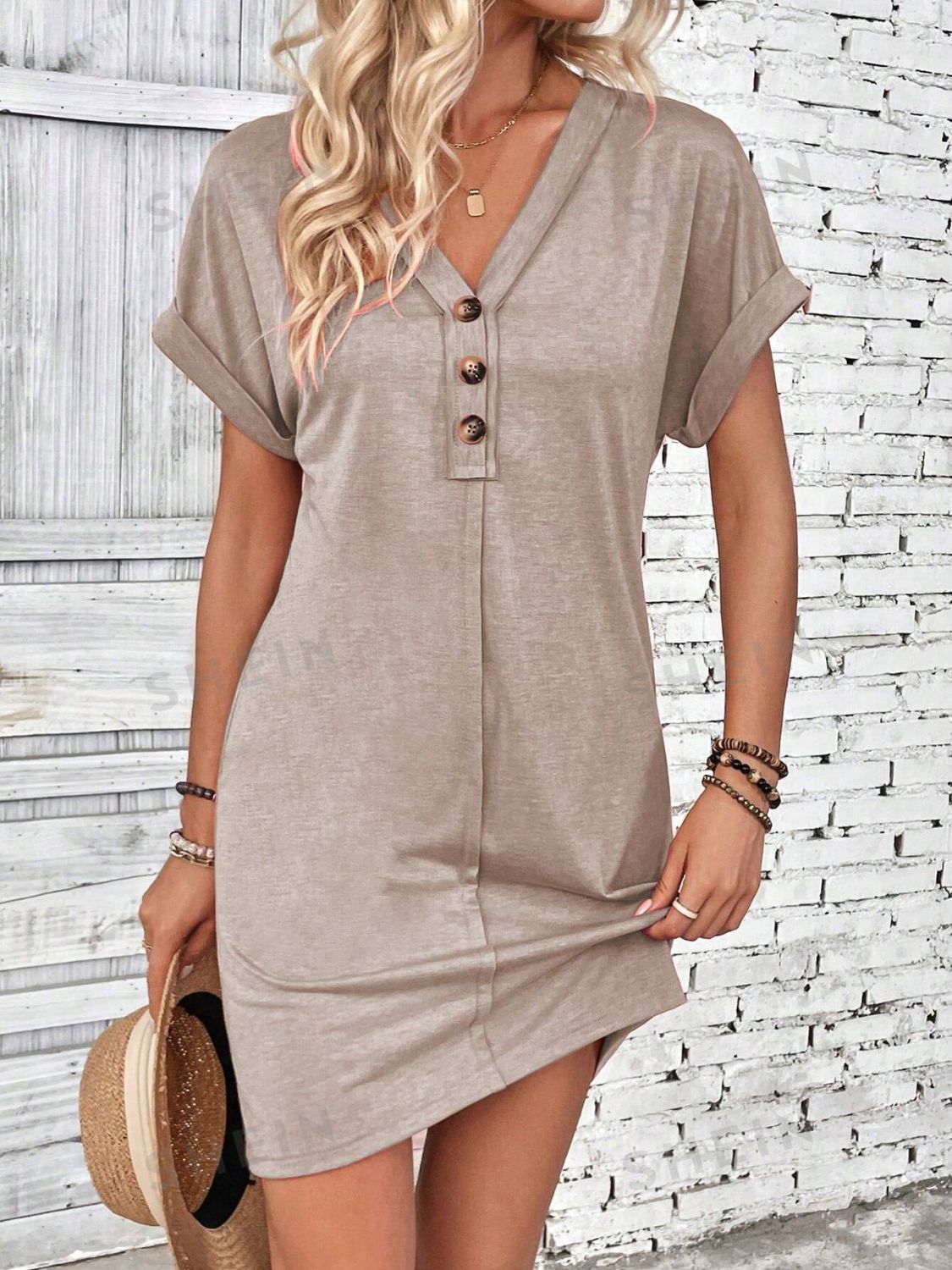 TEEK - Quarter Button V-Neck Short Sleeve Dress DRESS TEEK Trend   