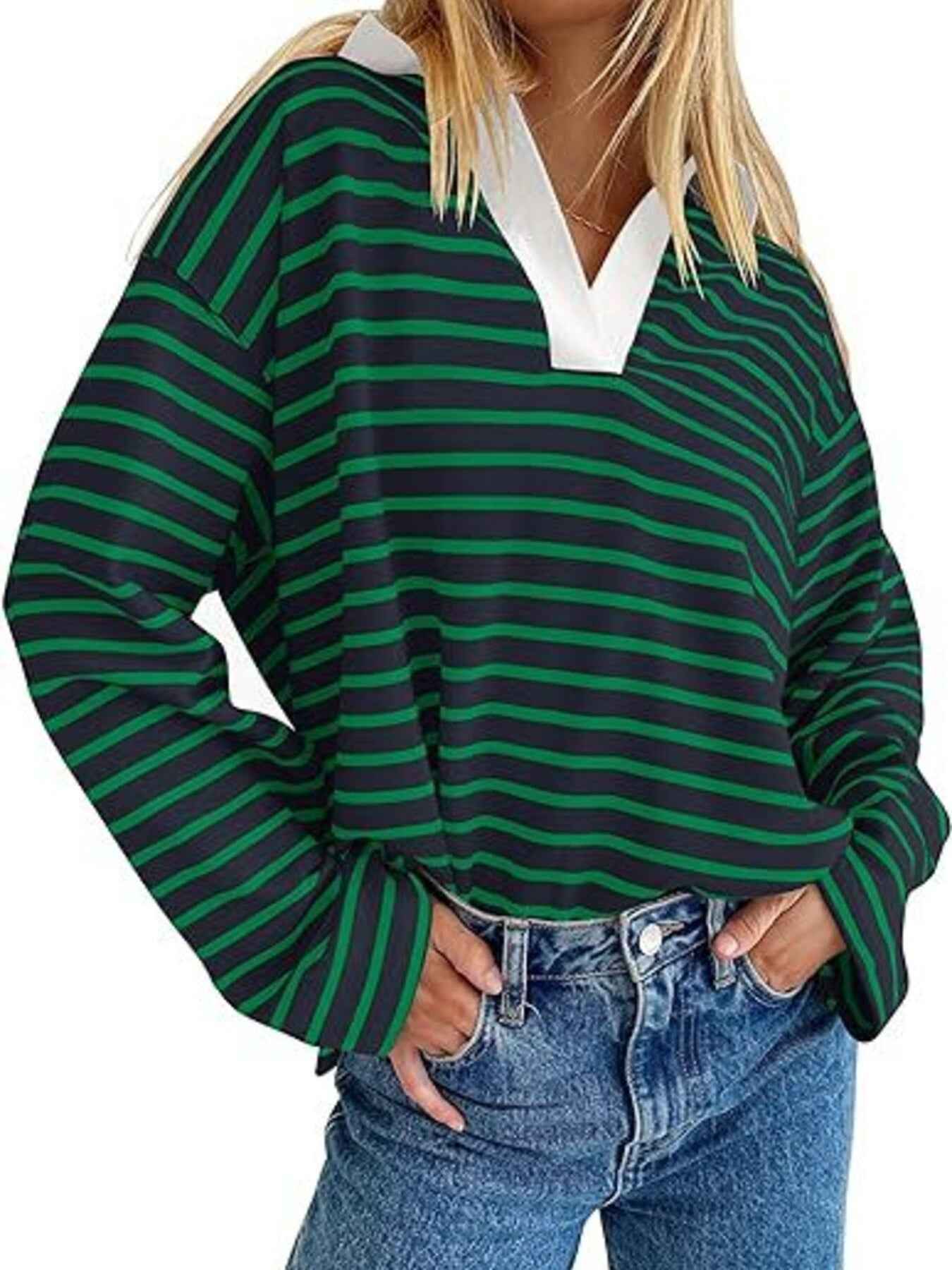 Striped Contrast Collar Long Sleeve Top Trendsi Green S