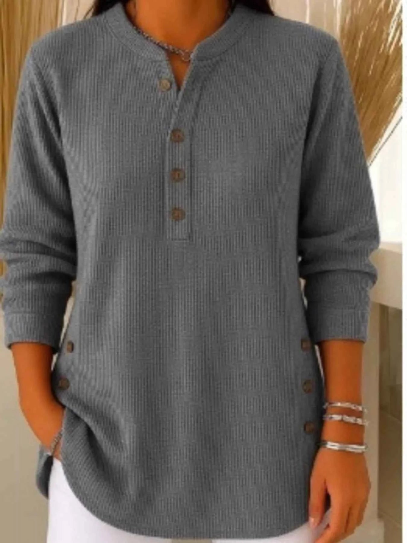 TEEK - Full Size Ribbed Half Button Henley Top Plus Size TOPS TEEK Trend