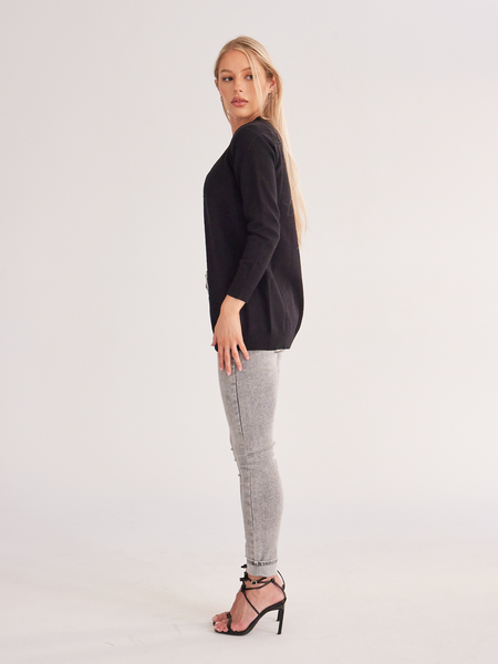 TEEK - Black Long Sleeve Knit Ribbed Cardigan SWEATER TEEK W   