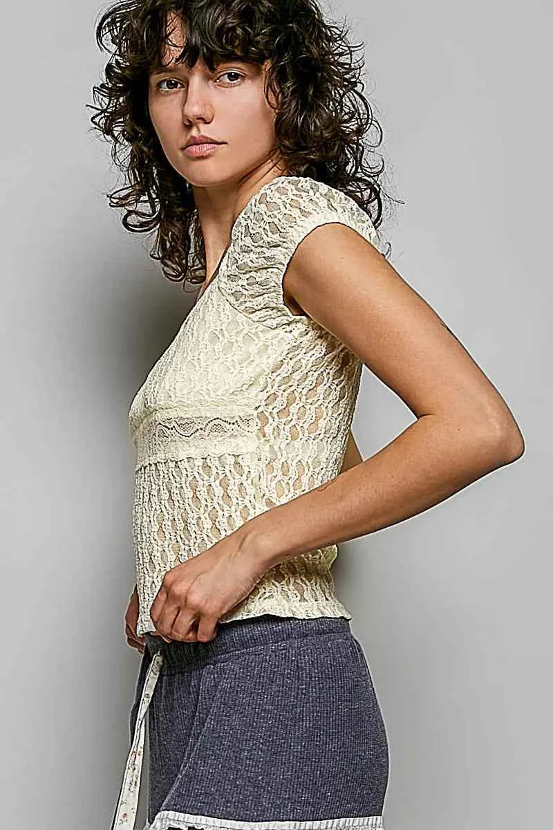 POL Sweetheart Neck Lace Short Sleeve Top Trendsi