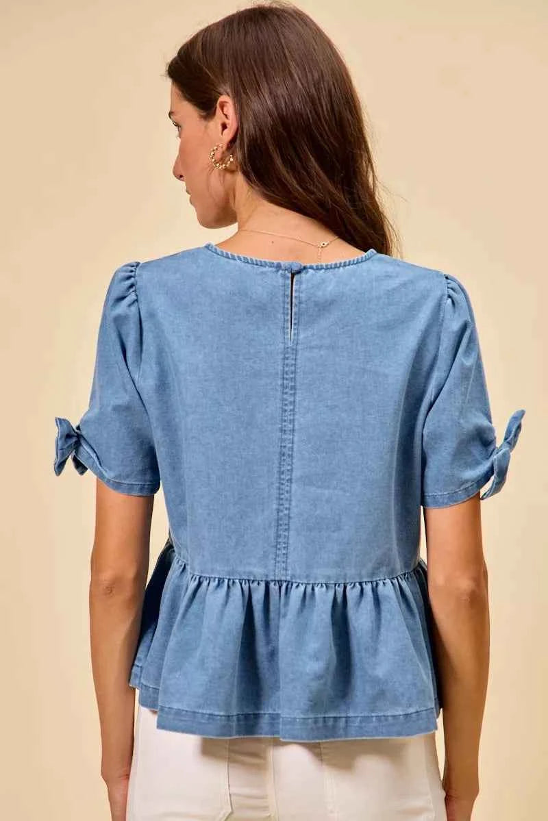 TEEK - Denim Bow Detail Short Sleeves Peplum Top TOPS TEEK Trend