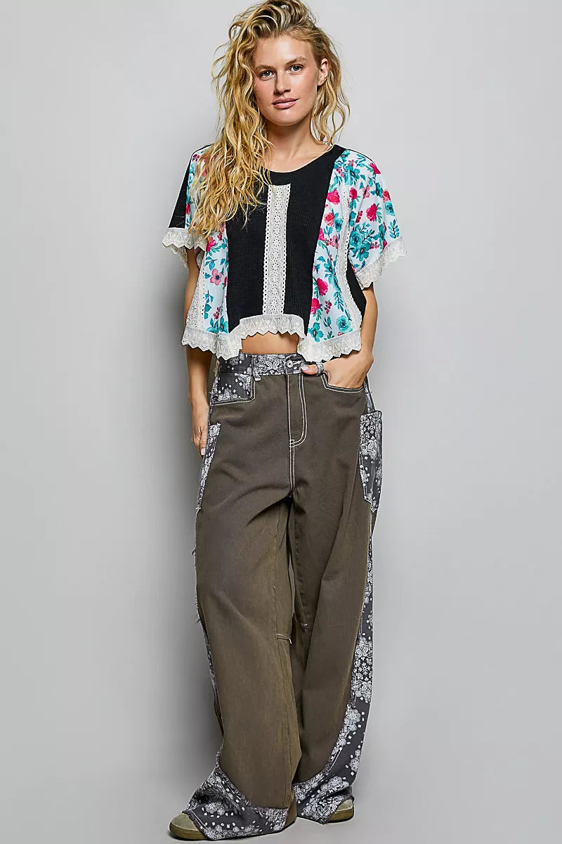 POL Round Neck Ribbed Cropped Top with Lace Detail Trendsi