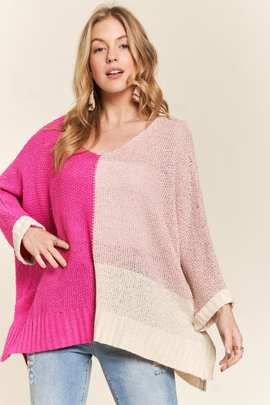 TEEK - Hot Pink Side Slit Color Block Long Sleeve Sweater TOPS TEEK Trend