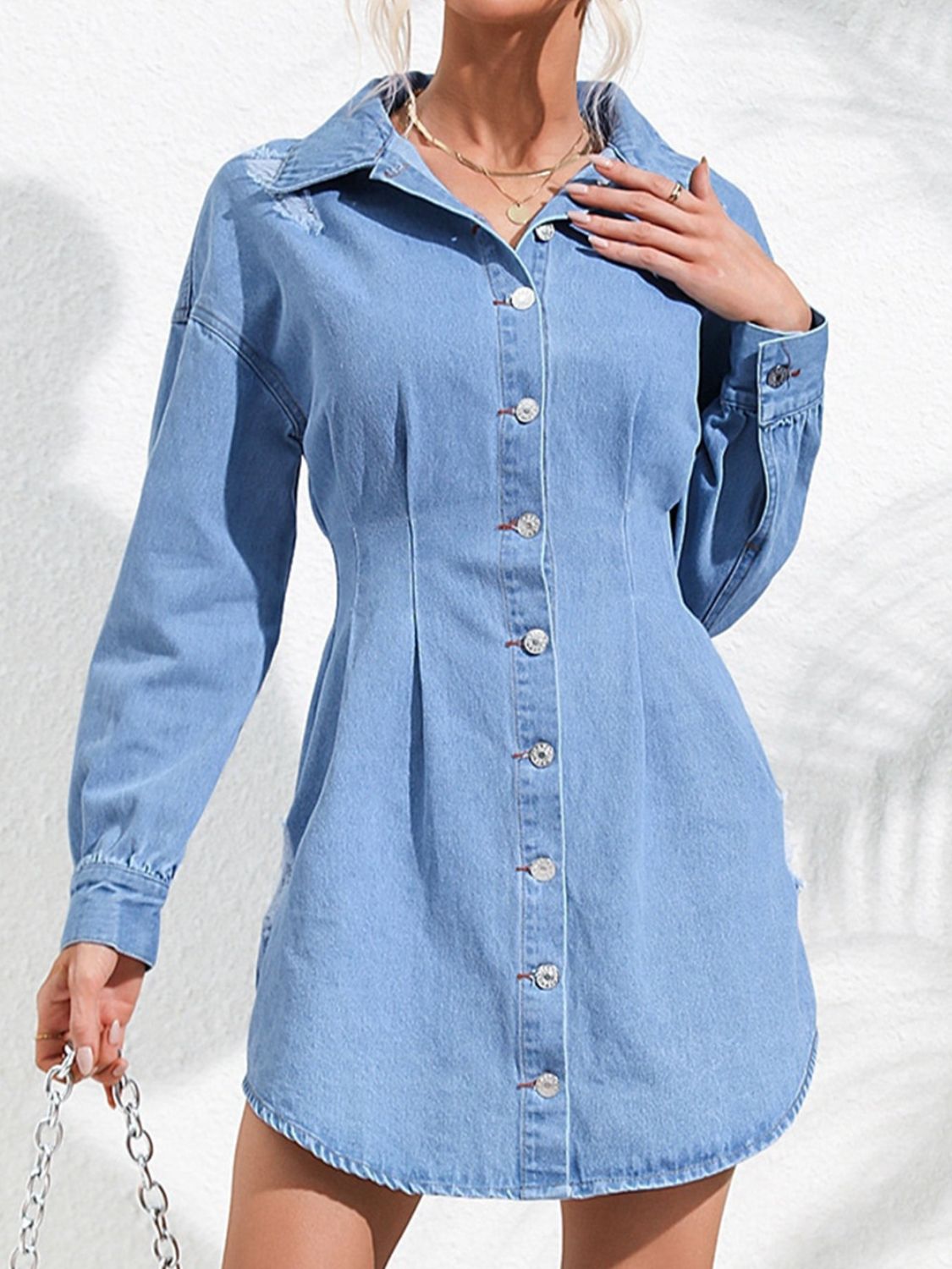 TEEK - Distressed Button Up Long Sleeve Denim Dress DRESS TEEK Trend   