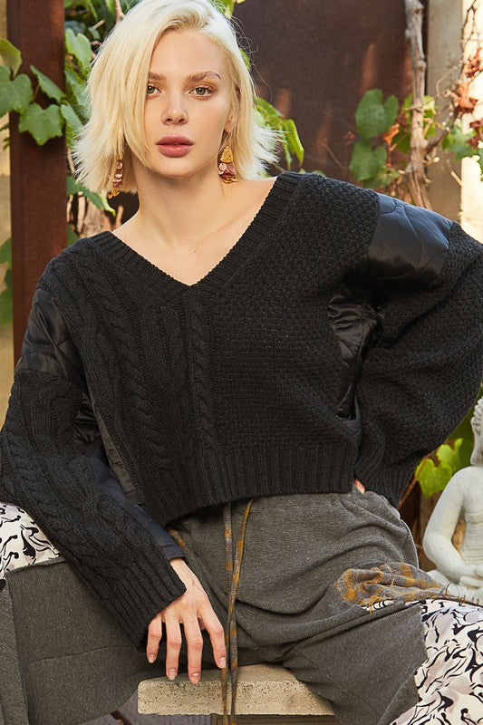 TEEK - Black Cable Knit Quilting Patch V-Neck Sweater TOPS TEEK Trend S