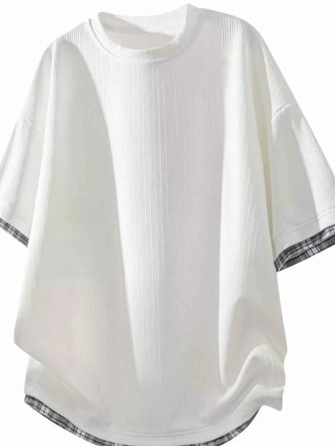 Men's Plus Size Short Sleeve Round Neck Plaid Trim T-Shirt Trendsi White M